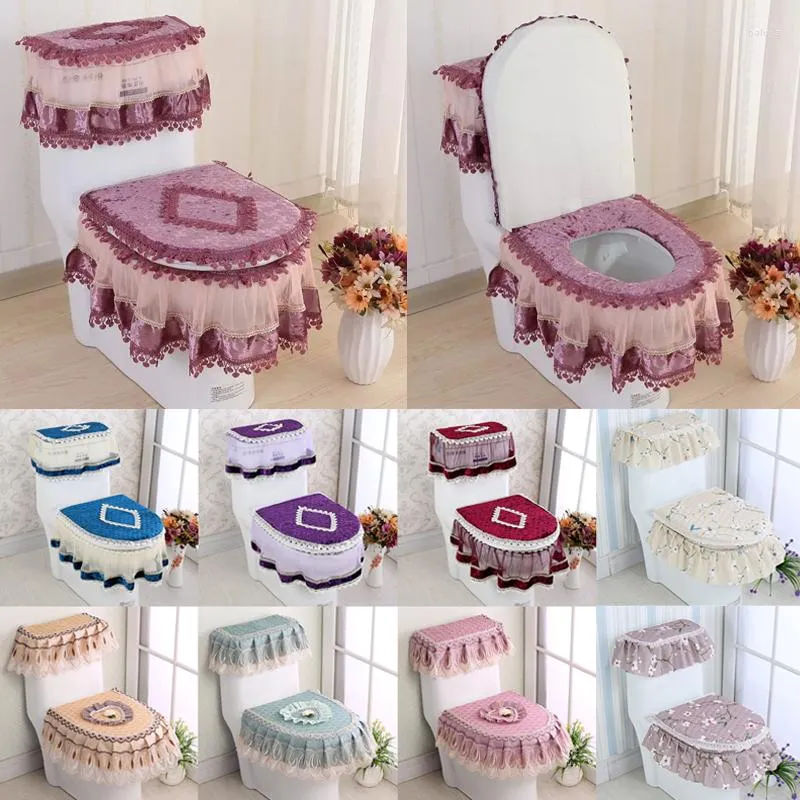 Couvre-siège de toilette 3 pièces/ensemble tapis de dentelle en tissu trois pièces couverture de velours doré anneau de piédestal à fermeture éclair en forme de U