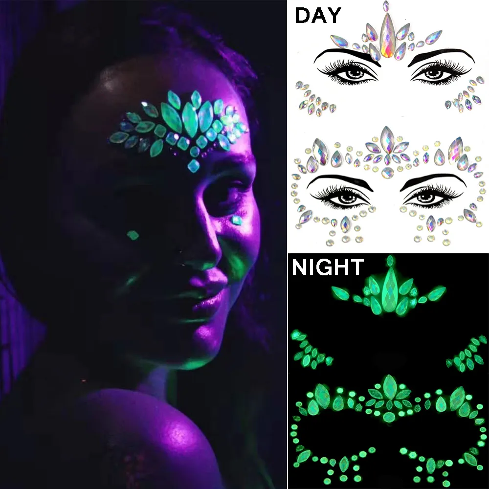 Altri accessori per tatuaggi Glitter luminosi per strass per il viso Tatuaggi temporanei di Halloween che si illuminano al buio Adesivo per gioielli per il viso per il trucco del festival 230830