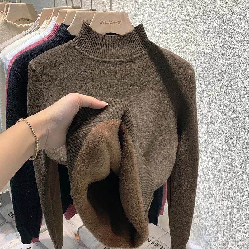 Kvinnors tröjor 2023 Autumn and Winter Mock Neck Sweater Velvet Inner Bottoming Shirt Fleece fodrad vadderad varma håller stickade topp