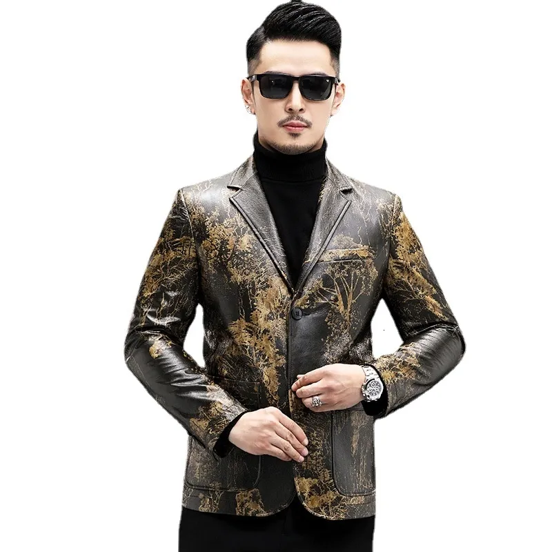 Veste de costume en Faux cuir naturel véritable pour homme, imprimé peau de mouton, fourrure, tendance, simple, cuir, veste en cuir pour homme, 230831