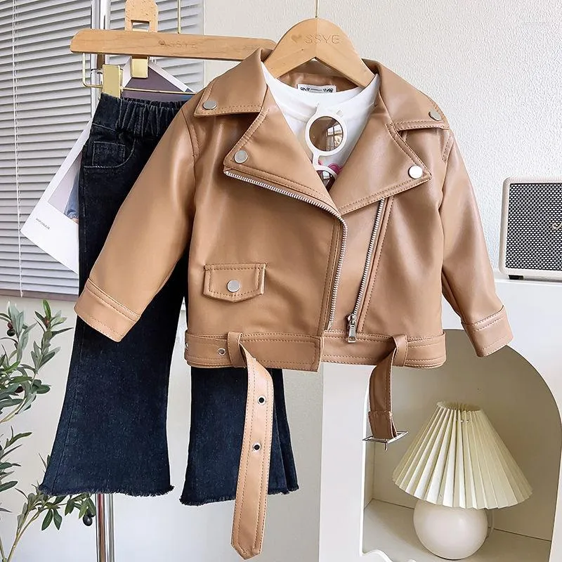 Vestes pour bébés filles et garçons, mode Cool avec ceinture, manteaux en PU avec fermeture éclair pour enfants, vêtements de printemps et d'automne, hauts, tenues