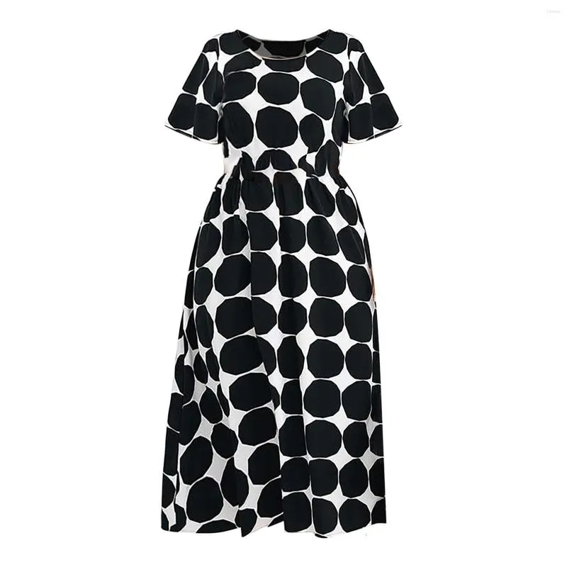 Günlük elbiseler bayanlar yaz elbise yuvarlak boyun yüksek bel tasarım polka dot baskı kısa kollu bir çizgi uzunluğunda