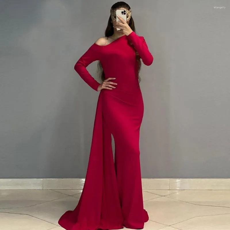 Party Dresses Dark Red Strecth Satin Mermaid Evening Long Sleeves Overskirt Dubai Women Black Simple Formal Prom Dress