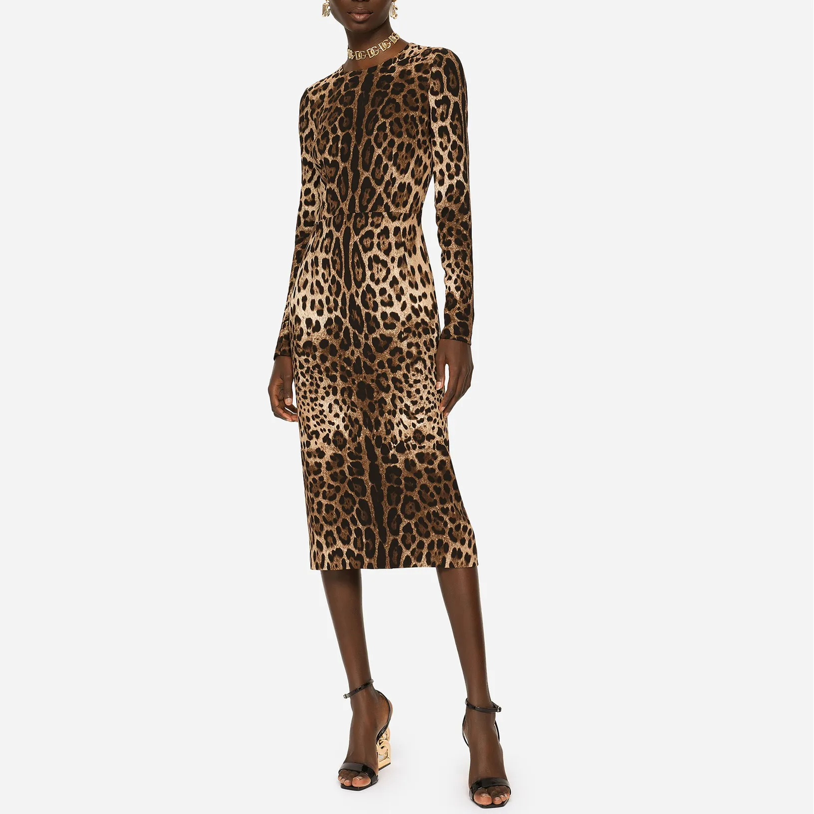 Abito da donna Marchio di moda europeo manica lunga vita arricciata Abito stampato leopardo in vera seta stretch satinato