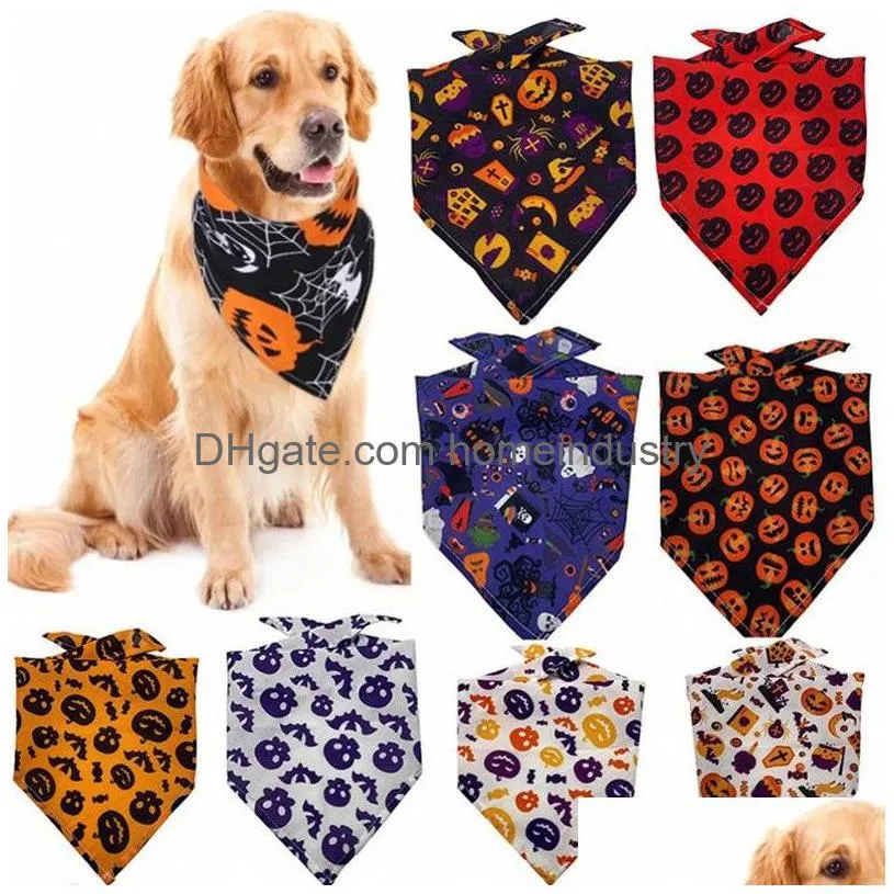 Hundkläder Halloween Bandanas mjuka och andningsbara justerbara pumpa -mönster som skriver ut husdjurskakor PETS -halsduk för liten till stor hund DHK3F