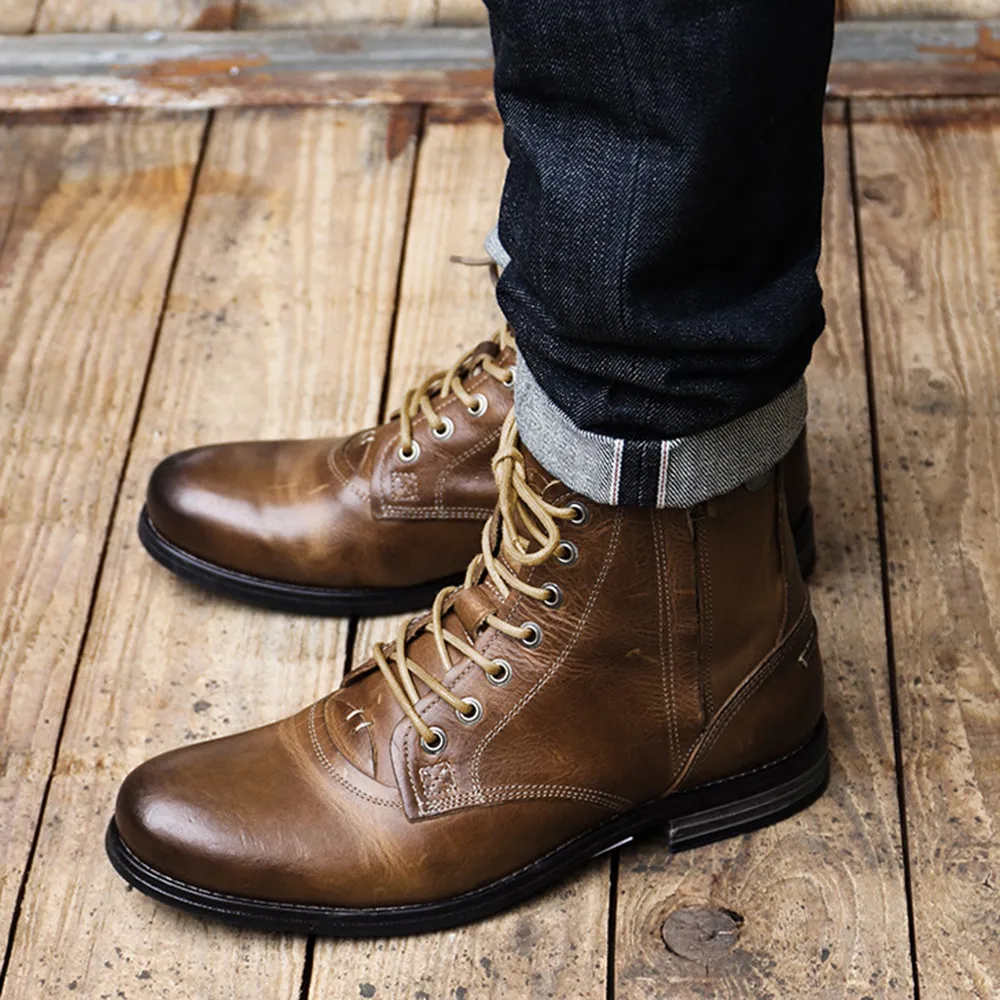 Vintage Motorcycle Ankle Boots For Men Retro Lace Up Zip High