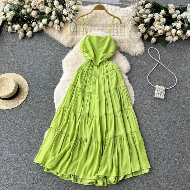 Casual Kleider Sommer Frauen Strand Bohemian Grün Spaghetti Strap Kleid Weibliche Off Schulter Hohe Taille Elegante Designer Open Back Sommerkleid