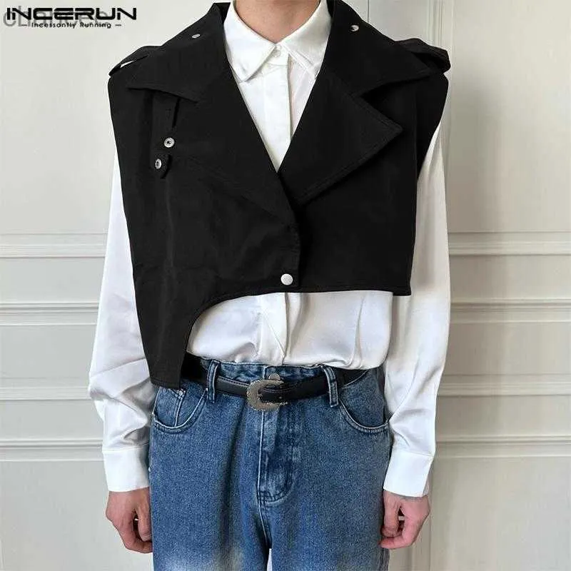 2023 Men Irregular Vests Solid Lapel Sleeveless Casual Waistcoats One Button Korean Streetwear Fashion Men Vests S-5XL HKD230831