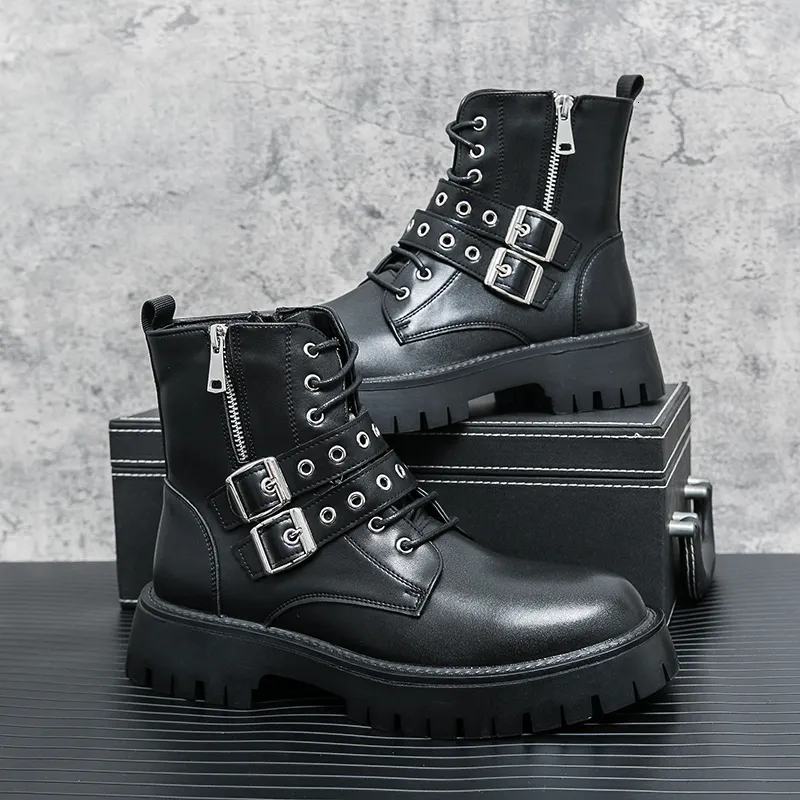 Schwarze Motorradstiefel für Herren, braun, mit Schnürung, runder Zehenbereich, Plateau, kurz, Western, Größe 3845 230831