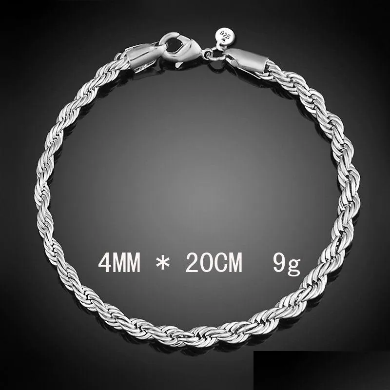 Chain Luxury M 4Mm 925 Sterling Sier Bracelets 8 Inch Women Twisted Rope Wristband Wrap Bangle For Men S Fashion Jewelry Drop Delivery Dht1P