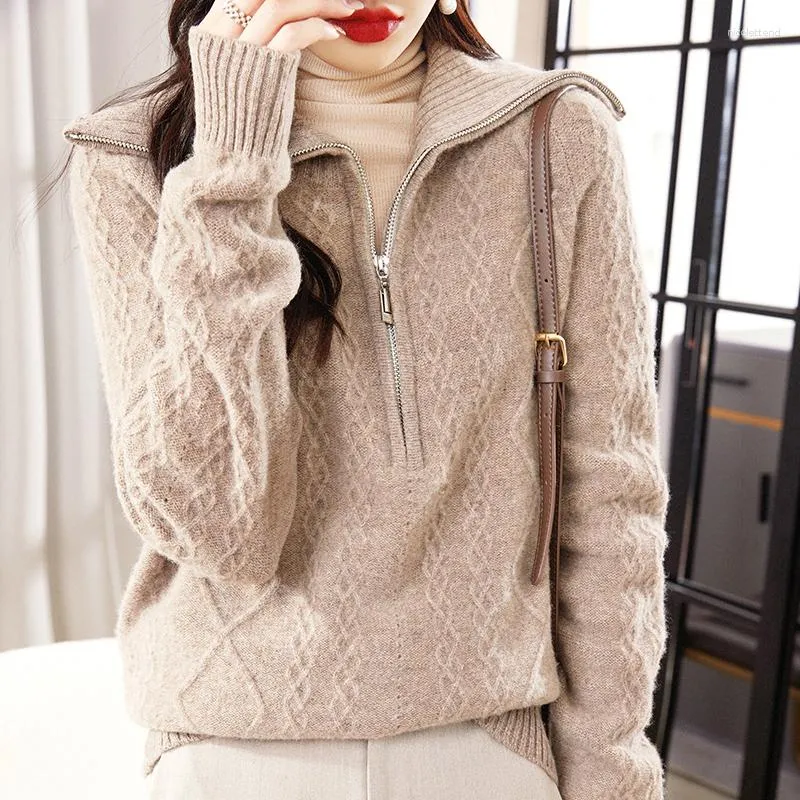 Women's Sweaters Woman's Casual Pullover Female Long Sleeve Turn-Down Collar Zipper Jumper Winter Thick Wool Knitted Tops Blouse My