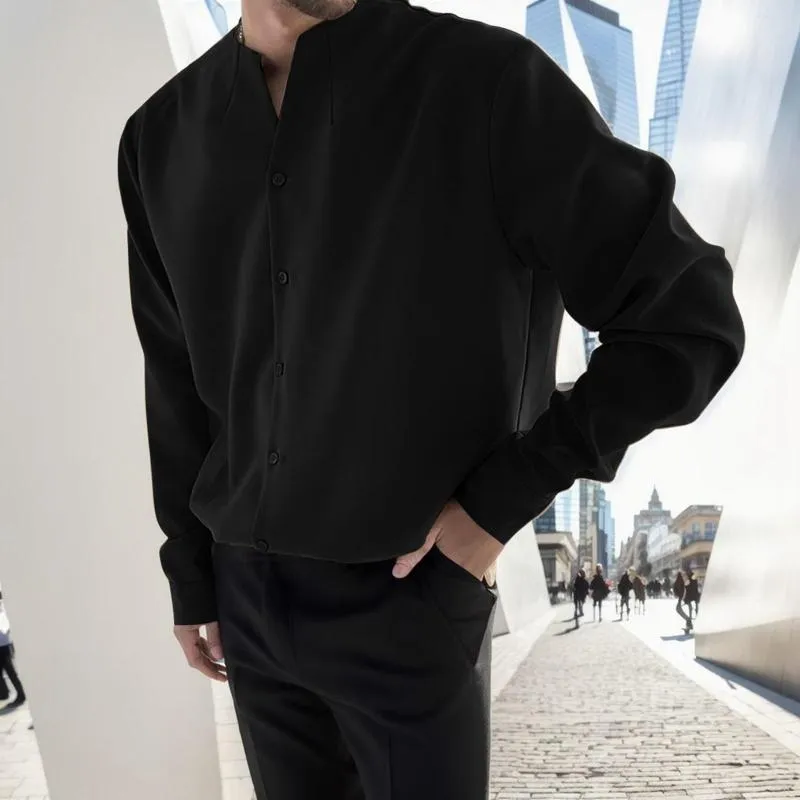Men's Casual Shirts Long Sleeve Men Collarless Slim Blouse Coat Personality Irregular Inch Shirt Button Up Top Soild Style Clothing