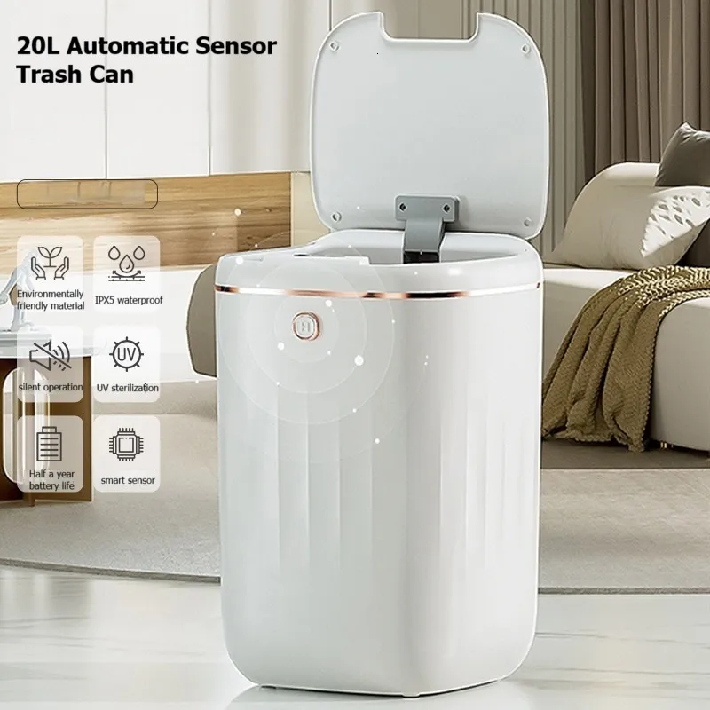 Avfallsfack 20L Automatisk sensor Trash Can med UV -ljus laddningsbar smart soptunna för badrums toalettavfall med lock hem 230830