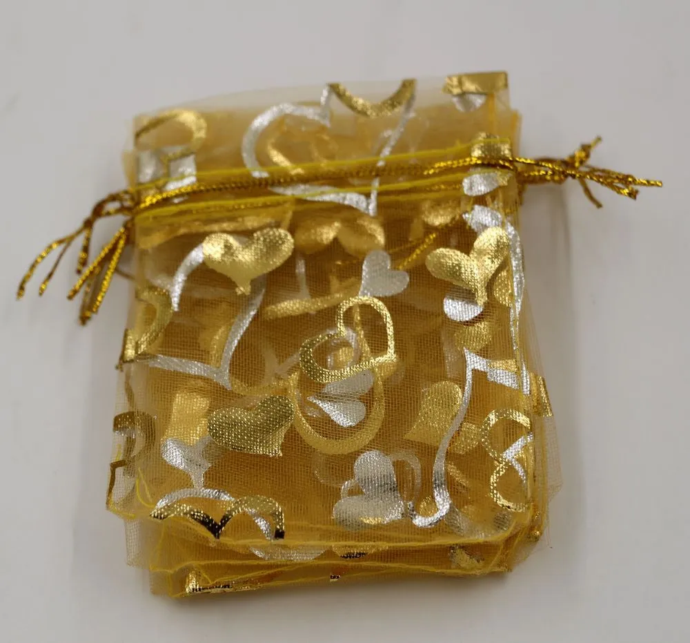 Hot ! Jewelry Packing Gold Heart Organza Pouch Wedding Favor Gift Bags 7x9cm /9x12cm / 13x18cm