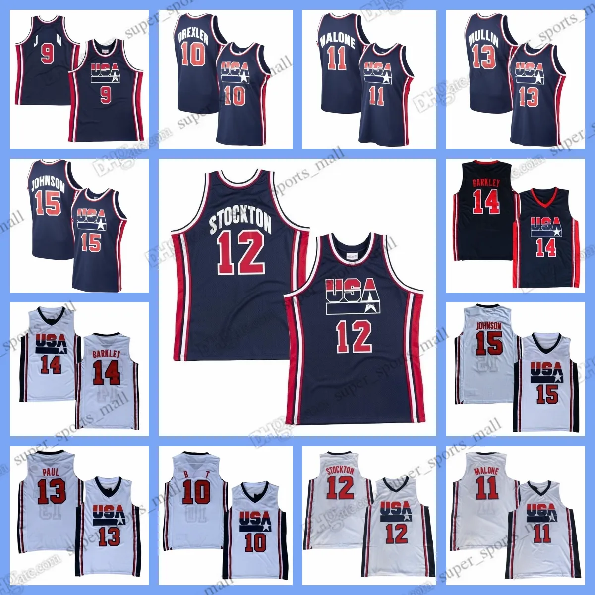 Aangepaste kinderen dames 1992 retro basketbalshirts 15 Johnson 14 Barkley 7 Bird 10 Drexler 8 Pippen 11 Malone 12 Stockton Stitched Jersey Elke naam Elk nummer