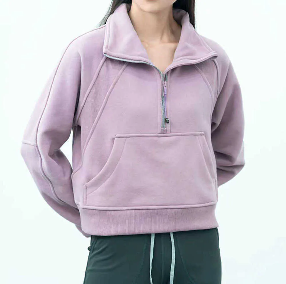 Yoga Outfit LU-99 Femmes Fitness Sweats à capuche Runing Veste Dames Sport Demi-Zip Sweat-shirt épais Lâche Manteau de style court avec trou de pouce en polaire Sportwear