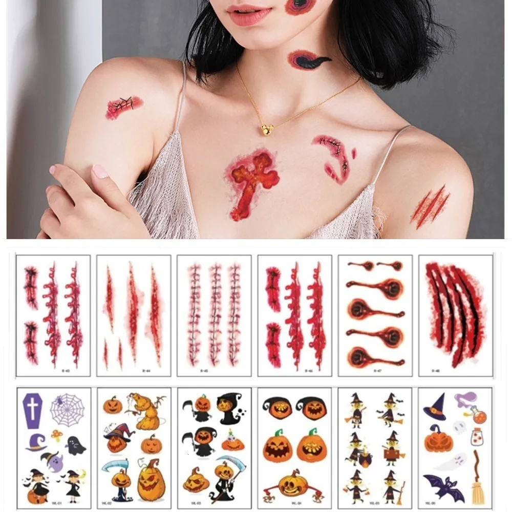 Scar Design Sticker Halloween Temporary Tattoos - Waterproof Scary Scar Stickers, Pumpkin ...