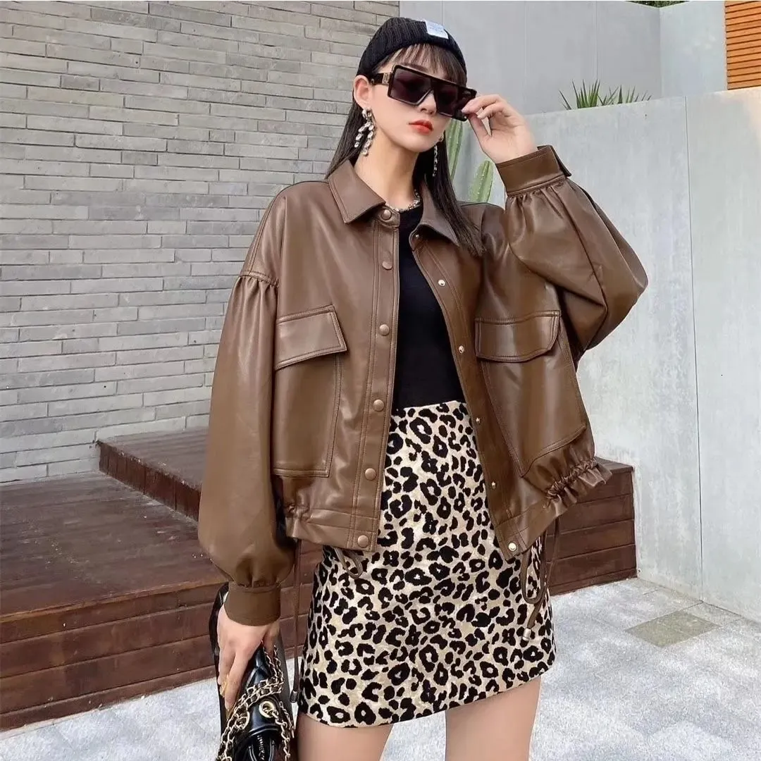 Womens Leather Faux Vintage Brown PU Jacket Spring Autumn Singlebreasted Drawstring Big Pocket Women Biker Outwear Female Basic Coat 230831