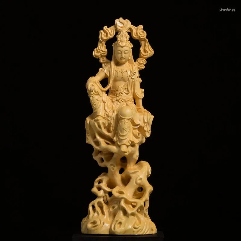 Estatuetas decorativas Zi Zai Kuan Yin Estátua de Buda Escultura em madeira Decoração de casa Ornamento de mesa de jardim