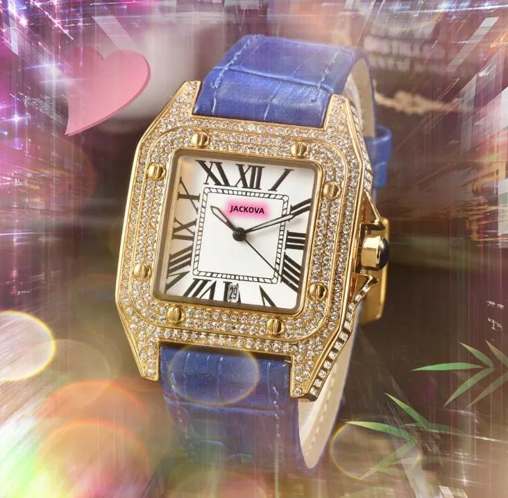 Square Roman Dial Tank Series Watch Woman 36mm män 43mm äkta ko läder kvartsrörelse full diamanter ring case clock rose guld silver relogio masculino klockor