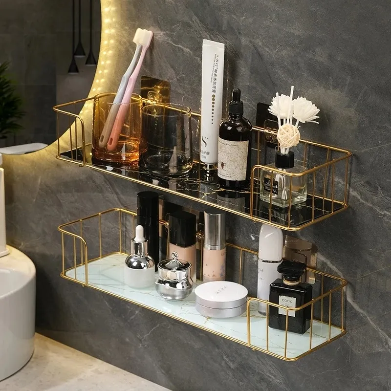 Prateleiras do banheiro prateleira de luxo sem perfuração parede ferro com estilo mármore placa vidro maquiagem rack armazenamento acessórios 230830