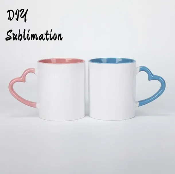 NEWDIY Sublimation 11oz Ceramic Mug with Heart Handle 320ml Cups with Colorful Inner Coating Special Water Bottle Coffee sea shipping 261QH