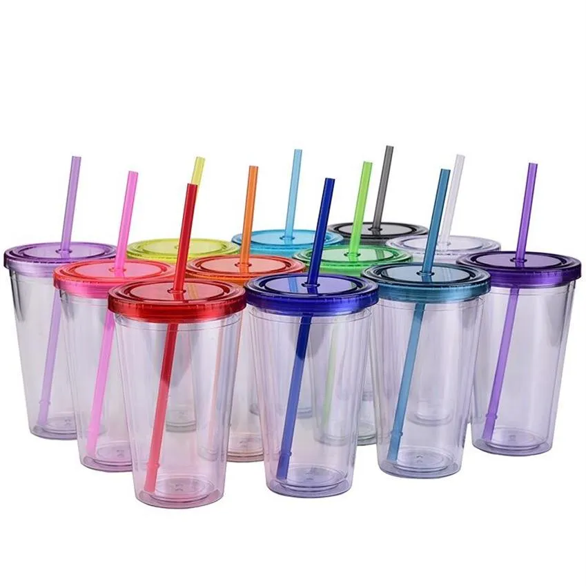 Mugs Acrylic Transparent Double Wall Tumblers Insulated Plastic Cup Cold Beverage Drinking Mug Reusable With StrawsMugs257r