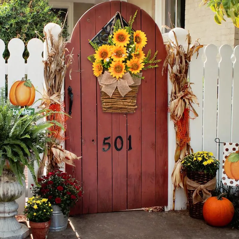 Flores decorativas artificial verão girassol cesta porta pendurado decoração para casa guirlanda parede casamento