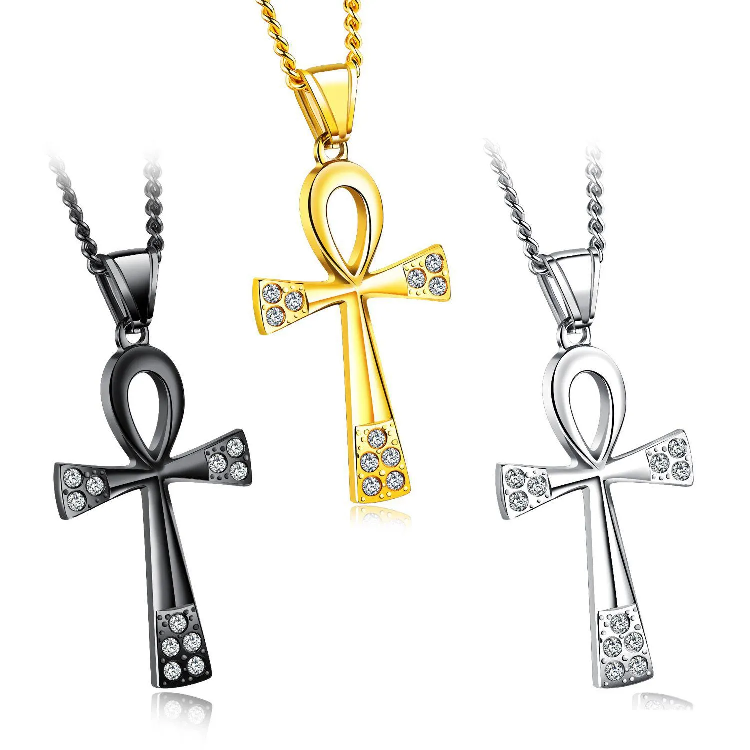 Pendant Necklaces Stainless Steel Egypt Ankh Key Of Life Egyptian Bling Rhinestone Cross Necklace For Men S Hip Hop Jewelry Drop Deliv Dh7W2