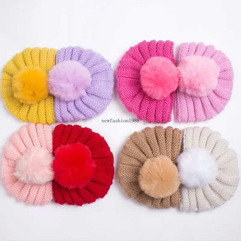 nieuwe herfst winter baby baby kinderen gebreide muts snoep kleur kinderen nepbont bal schedel mutsen caps tulband oorbeschermer meisjes warme hoeden 15 kleuren