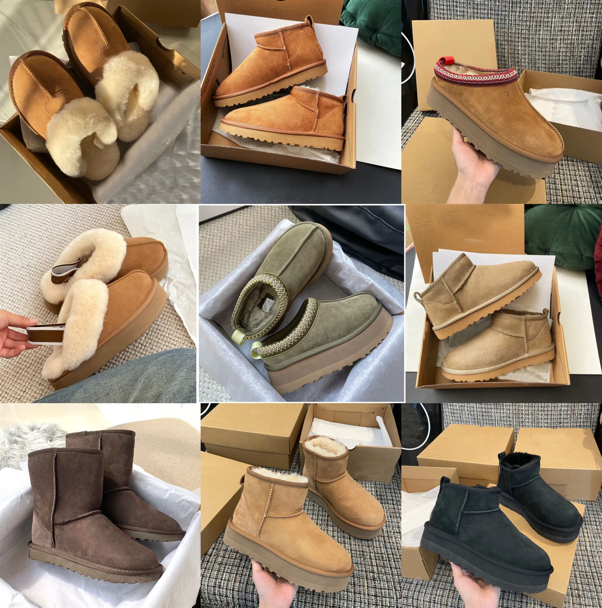 2023 Diseñador Snow Ug Botas Australianas Mujeres Botas Botas Lana Piel Zapatilla Chocolate Duna Castaño Invierno Hebilla Piel Nieve Media Rodilla Corta Dama Piel De Oveja Diapositivas