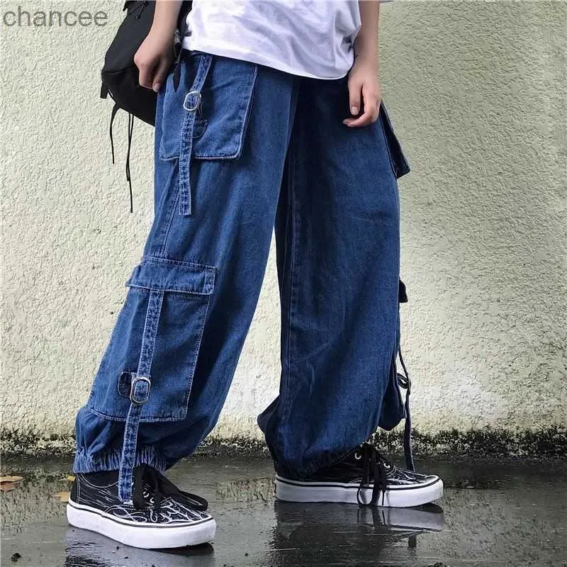 Bannaji Mens Womens Harajuku Carto Jeans Loose Fit Multi Pockets Fashion Street Strile Японский хип -хоп джинсовый джинсы мешковатые HKD230829