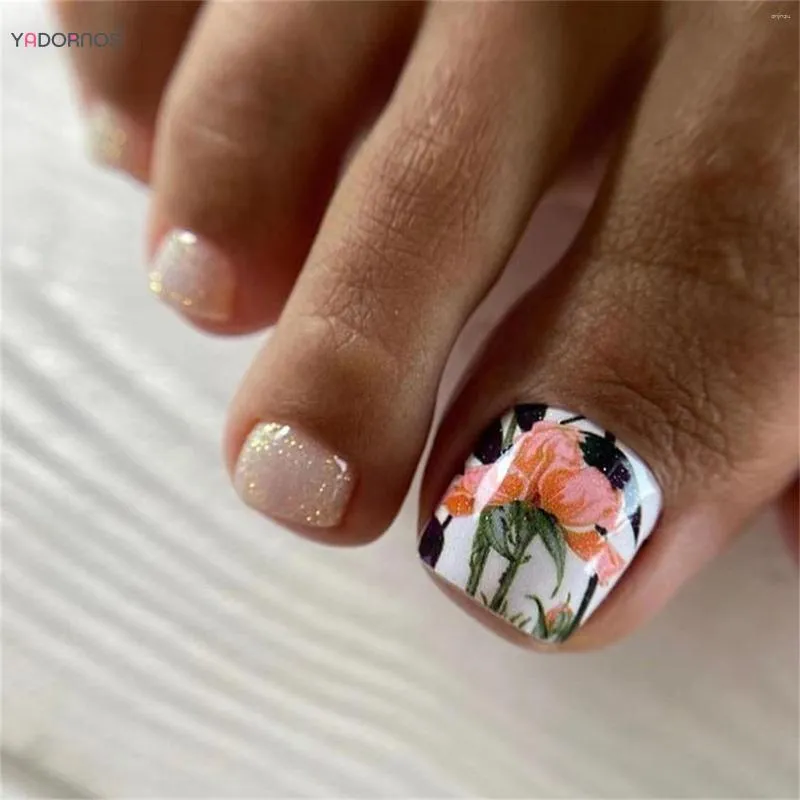 Unghie finte Glitter Impostazione Decorazione peonia Stampa sulle unghie dei piedi Falso ultra flessibile a lunga durata per la fornitura professionale di saloni di nail art