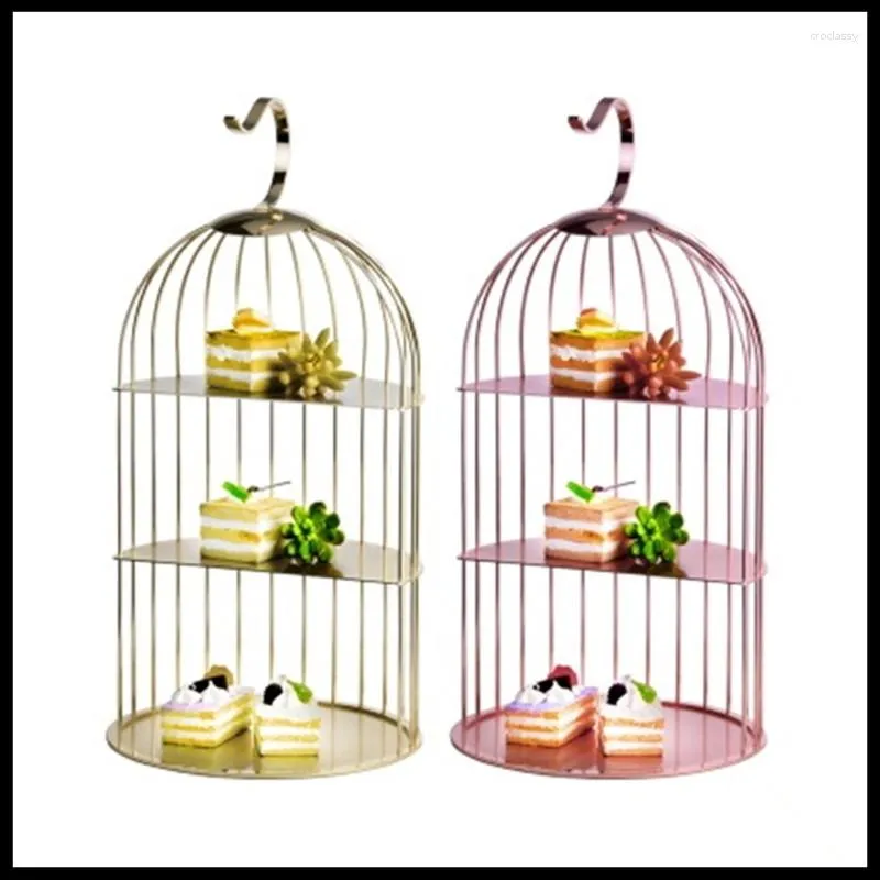 Plattor 1 datorer El Fruit Plate Rostfritt stål Bird Cage Snack Rack Buffet Tabell Treskikts bakverk Creative Platter