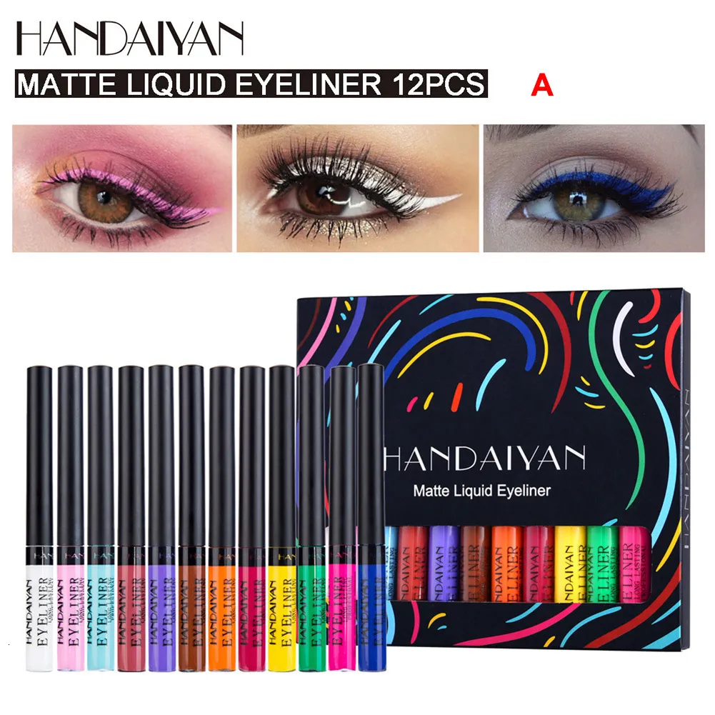 Eye ShadowLiner Combination Handaiyan 12 colori Matte UV Luminoso Liquido Eyeliner colorato Kit Impermeabile Facile da indossare Make Up Liner 230830 230927