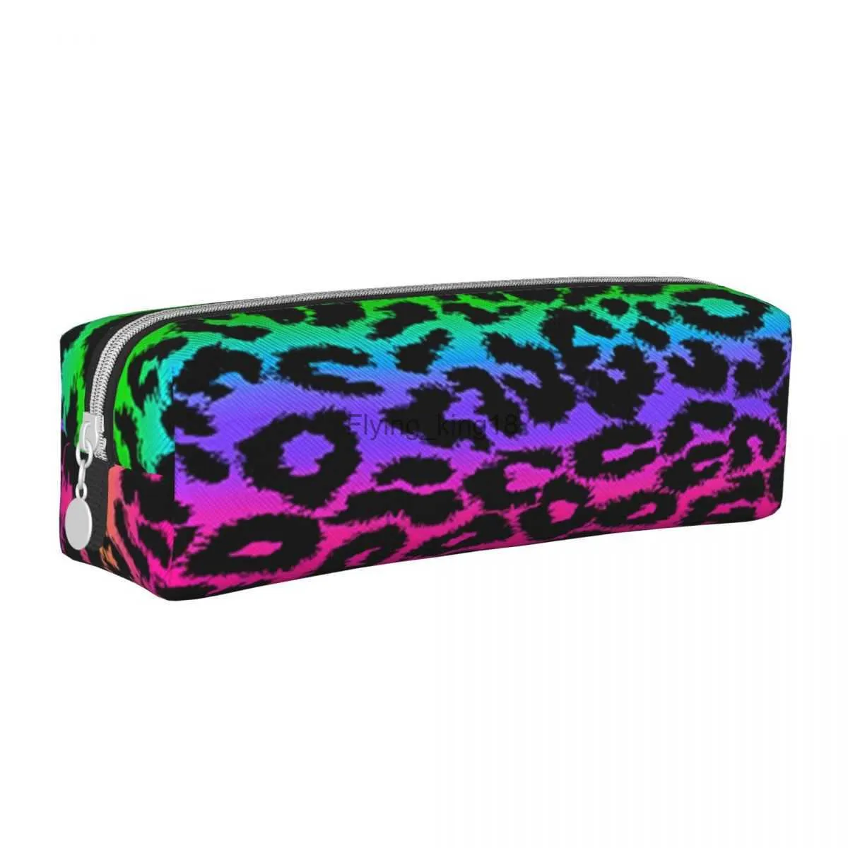 Pencil Bags Leopard Rainbow Square Pencil Case Funny Aesthetic Print School Retro Leather Pencil Box For Child Zipper Pen Bag HKD230831