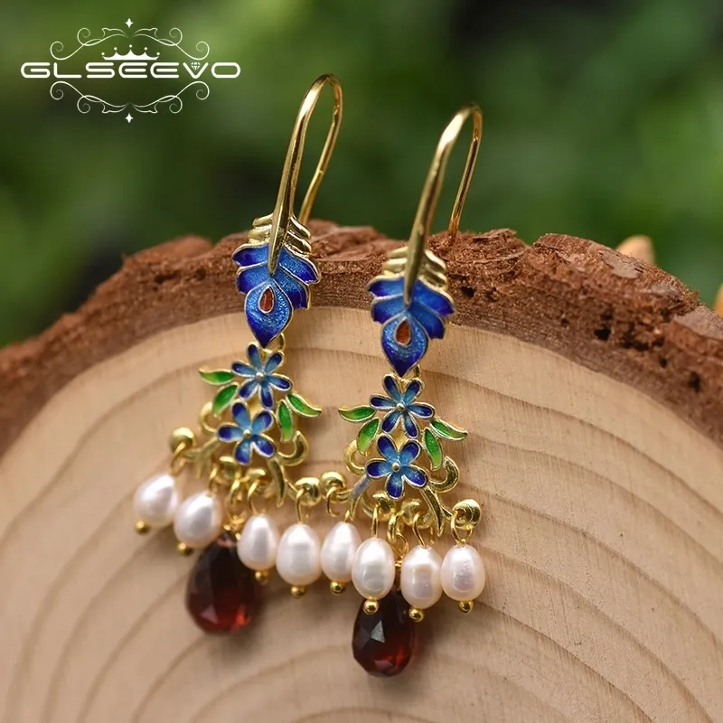 Hoop Huggie GLSEEVO Natural Pearl Garnet Cloisonne Plant Drop Earrings For Women Wedding Gift Ethnic Luxury Vintage Fine Jewelry GE0970 230831