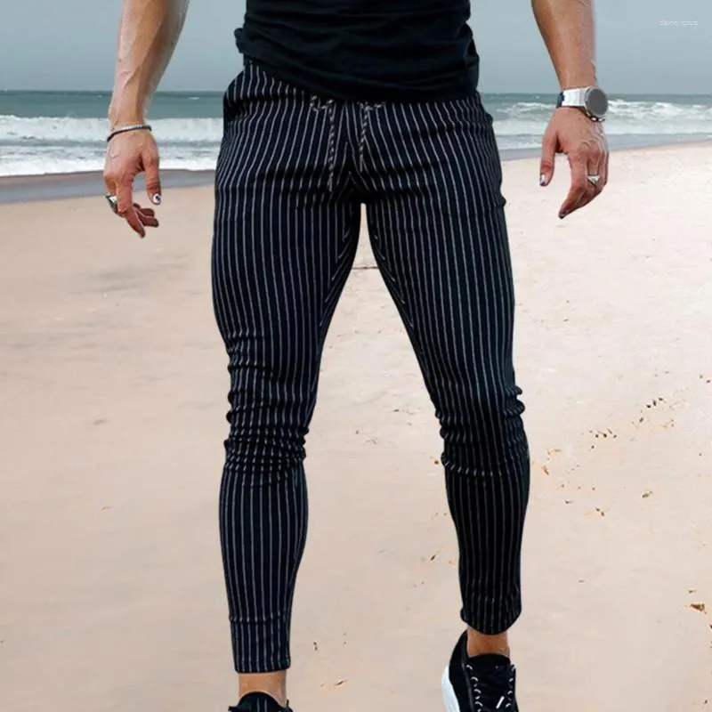 Calças masculinas homens listrado impressão magro ajuste cordão elástico cintura ajustável macio respirável tornozelo comprimento lápis namoro busine