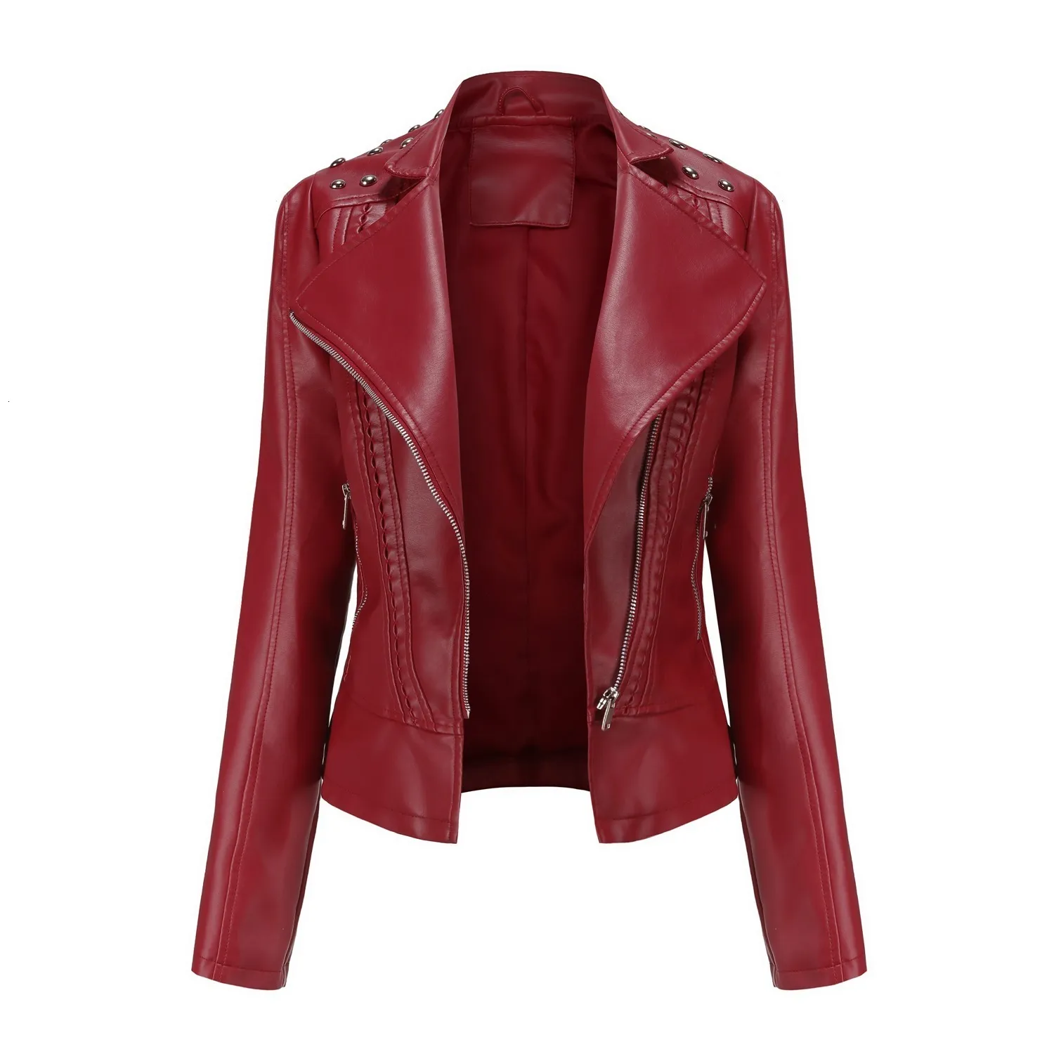 Femmes en cuir Faux Punk Rivet veste printemps automne rétro col rabattu mince décontracté dames doux Moto Biker vêtements d'extérieur 230831