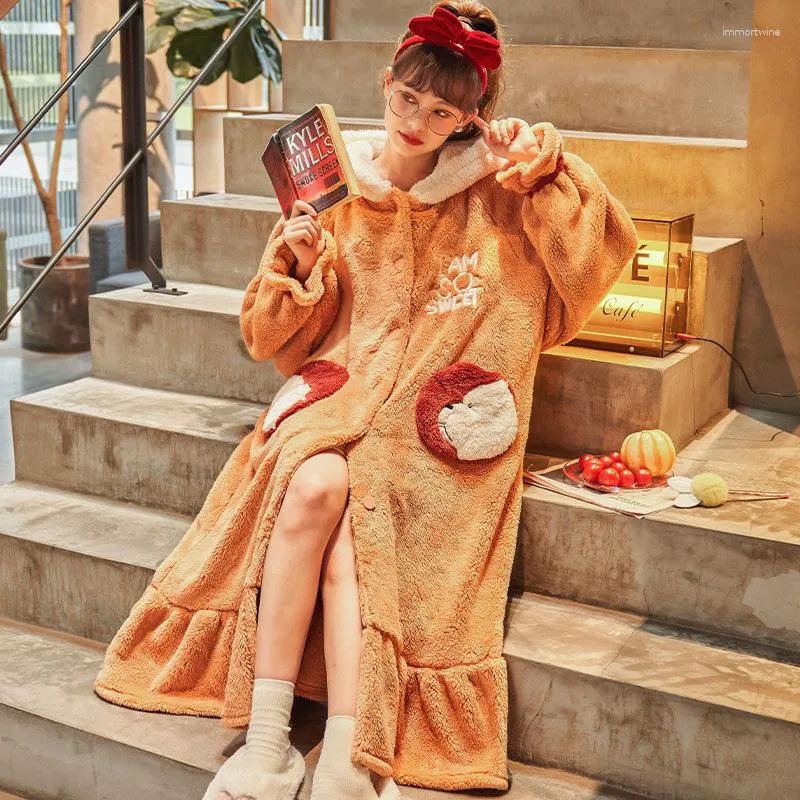 Vêtements de nuit pour femmes Automne Hiver À Capuchon Dessin Animé Corail Velours Femmes Robe Épaisse Flanelle Peignoir Loungewear Lâche Casual Vêtements De Maison Negligee