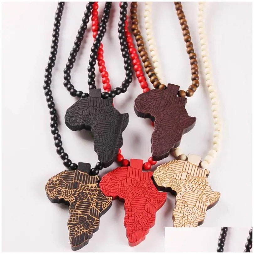 Pendentif Colliers Hip Hop Carte en bois de l'Afrique Perles de bois Chaînes perlées pour femmes hommes Hiphop Bijoux Cadeau Drop Livraison Pendentifs Dhbyr