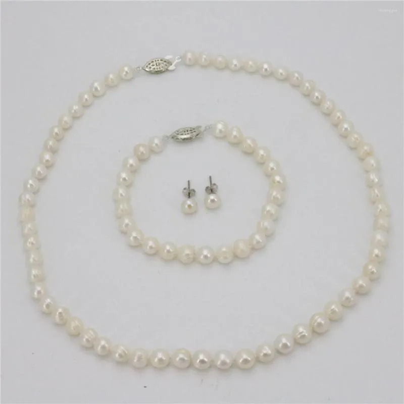 Collier boucles d'oreilles ensemble 7-8mm véritable perle de culture blanche Bracelet boucles d'oreilles ensembles près de rondes femmes bijoux perles pierre naturelle fait à la main