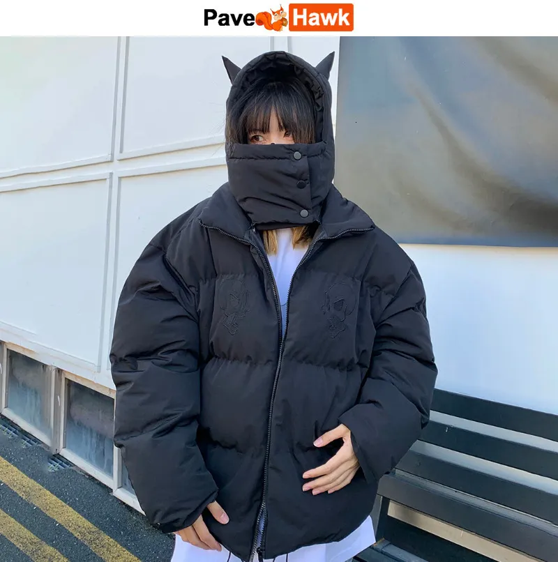 Męskie pada parkas męski hop Little Devil Horns Parca Winter Haftidey Skull Jacket Street Hohoed Kurtka Y2K Harajuku ciepły gęstwy płaszcz 230831