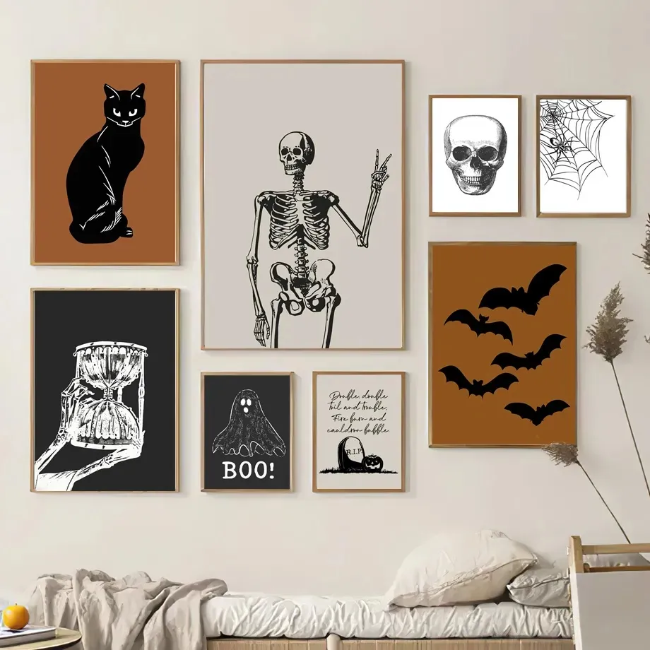 Dipinto su tela Scheletro di Halloween Fantasma Zucca Pipistrello Gatto Stampa Poster Arte della parete Nordic Soggiorno Camera da letto Decor Murale Senza cornice Wo6