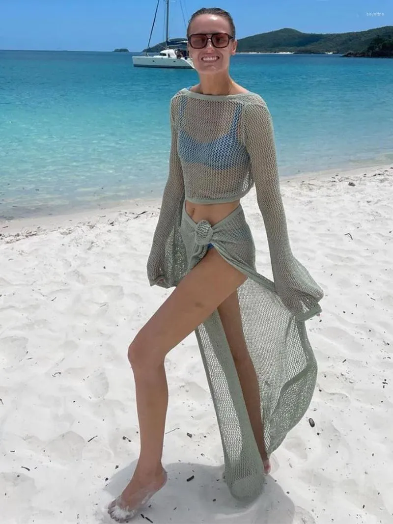 İş elbiseleri dantel yukarı örgü etek setleri içinden görüyor 2023 yaz kadın plaj kıyafetleri