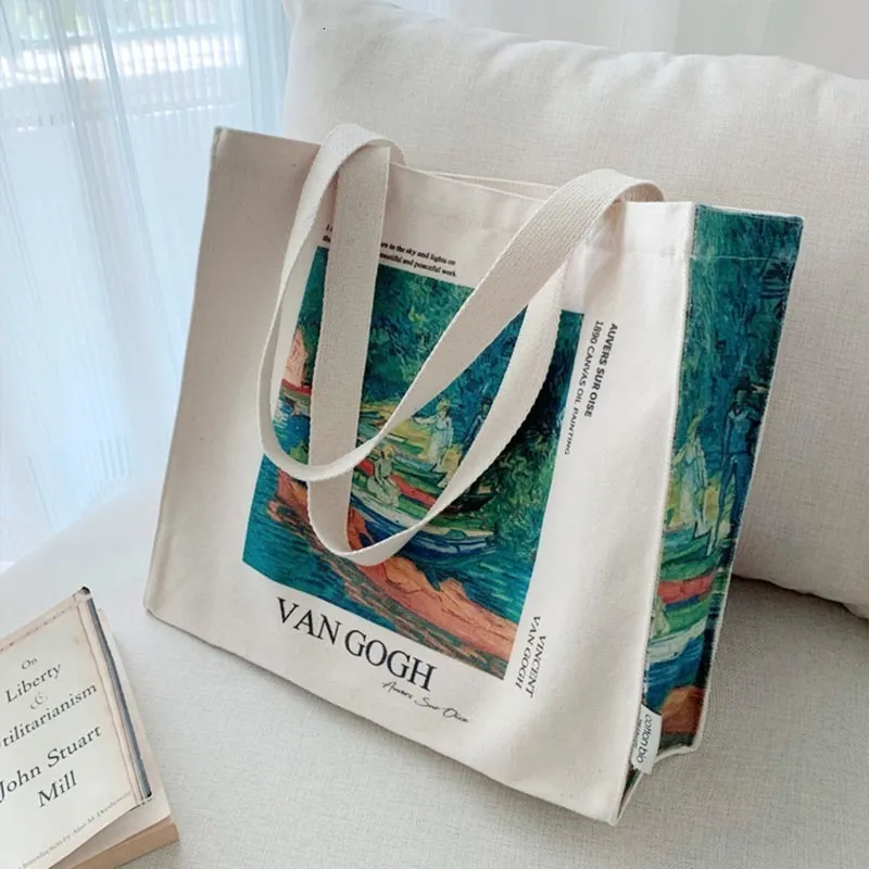 Kvällspåsar Poetry Lifest Van Gogh Bank of the Oise Auvers Oljemålning Bomull Canvas Bag Pop Style Zipper One Shoul Shopping Handväska 230831