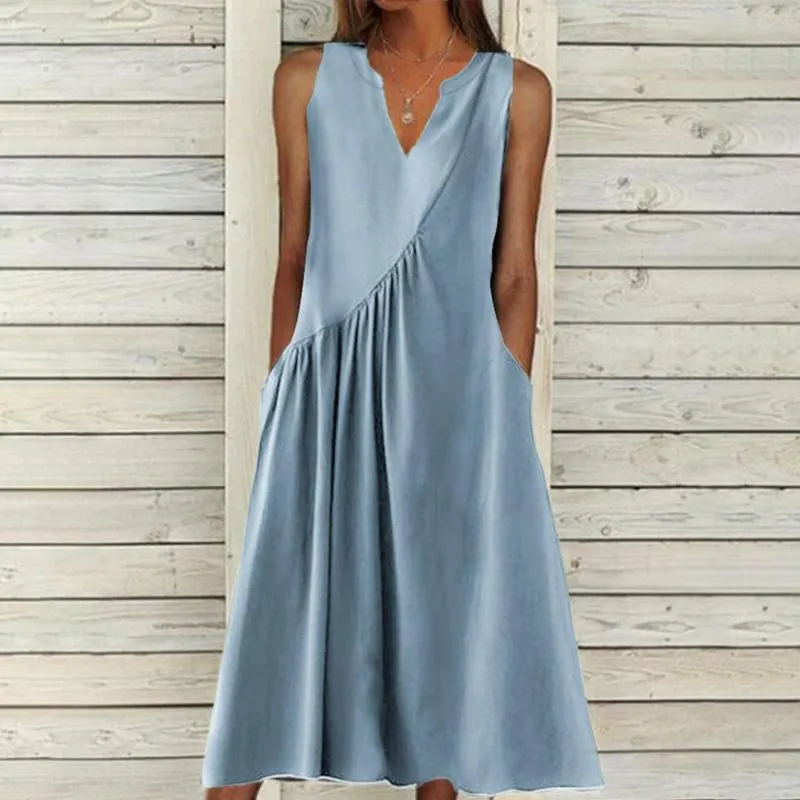 Casual V-Neck Sleeveless Dress for Women - Spring/Summer Fashion with Tie Waist and Midi Length