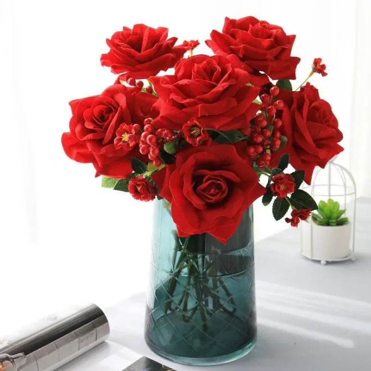 Artificial flowers single stem rose flowers for Wedding home decorations valentine day gift velvet material artificial rose flowers