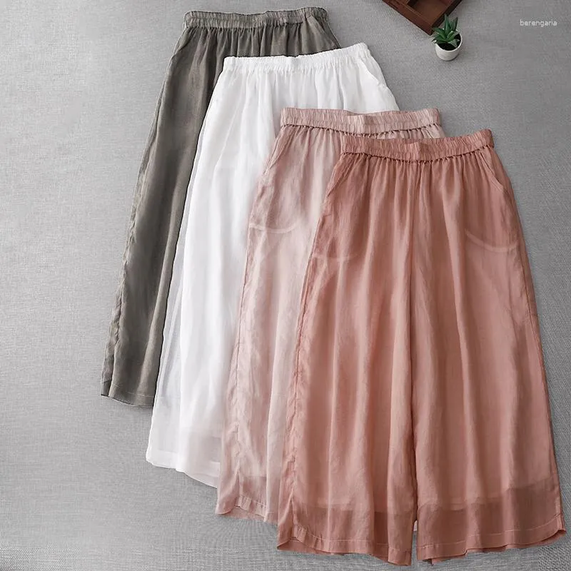 Kadın Pantolonları Kadın Yaz Orijinal Basit Kırpılmış Gevşek Sıradan Renk Çok yönlü Çift Katmanlı Hafif Keten Geniş Bacaklı