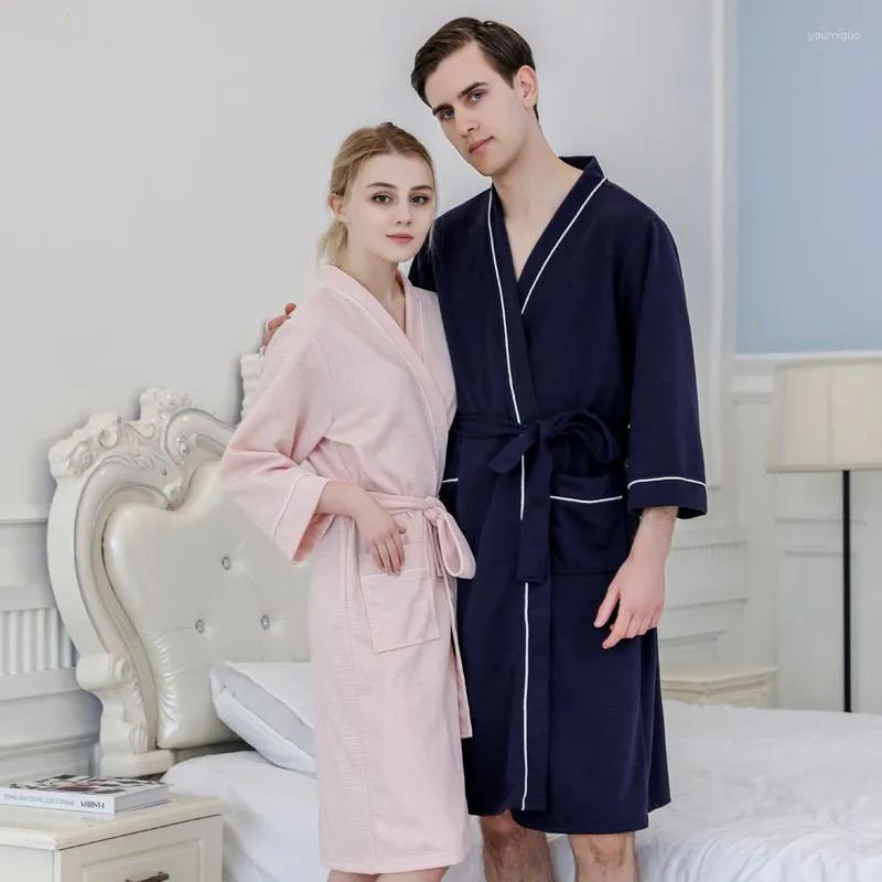 Women's Sleepwear Kimono Bath Gown Lovers Robe Soft Waffle Cotton Bathrobe Nightwear Couple Lounge Negligee Women&Men Nightgown Homewear